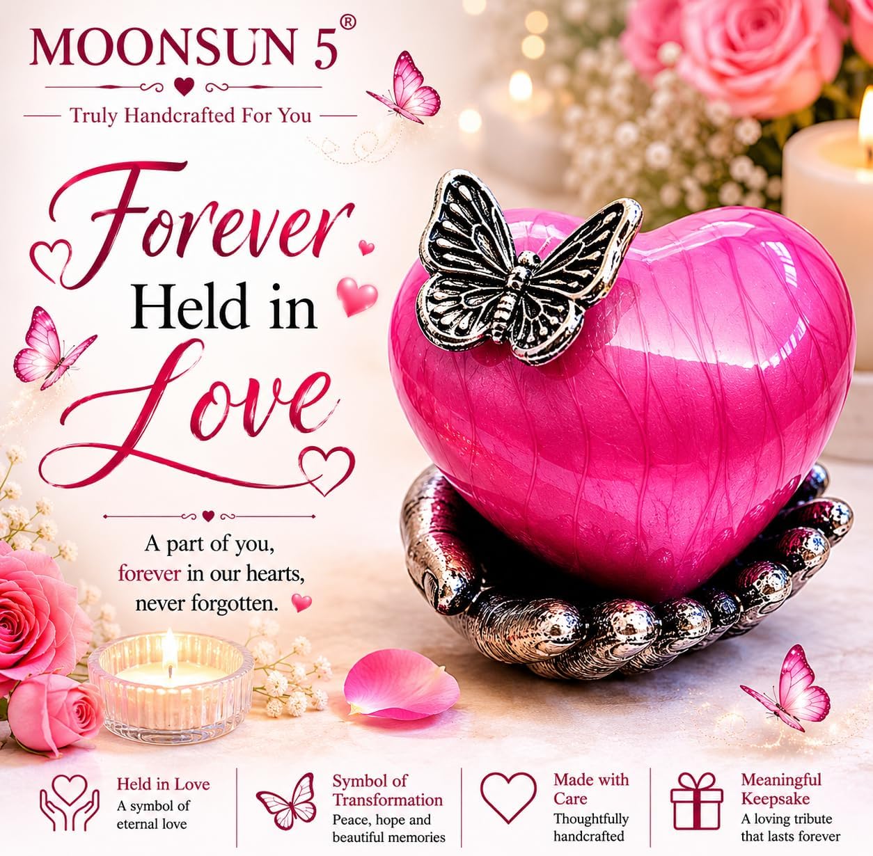 Pink Butterfly Heart Cremation Urn with Hand Stand image 2