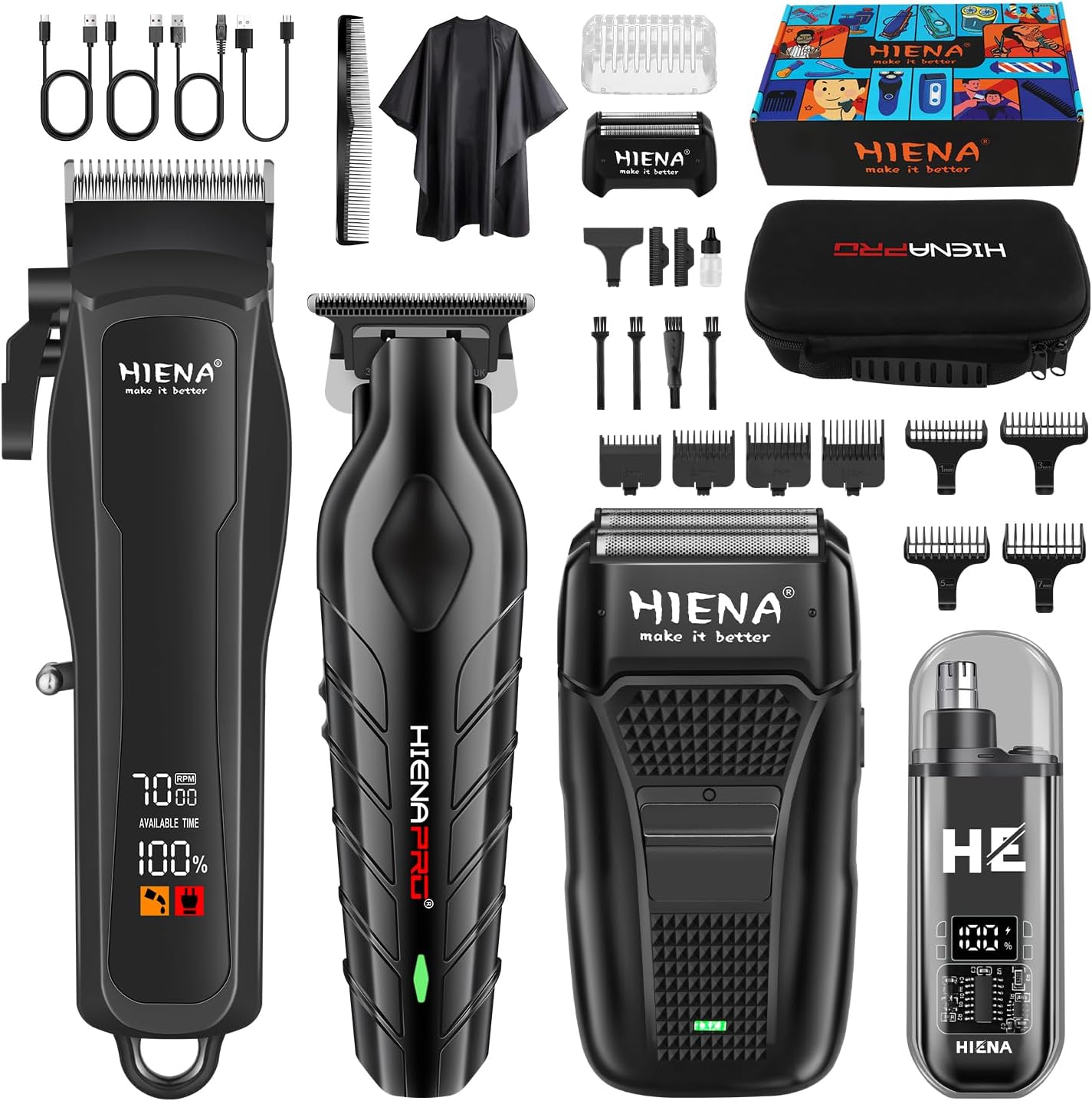 HIENA Professional Hair Clipper Set for Men, Cordless Clippers Set and Trimmer Kit, USB Rechargeable Electric Beard, Nose Hair Trimmer, Foil Shaver & Men's Facial Grooming Tool Kit, Gifts for Men