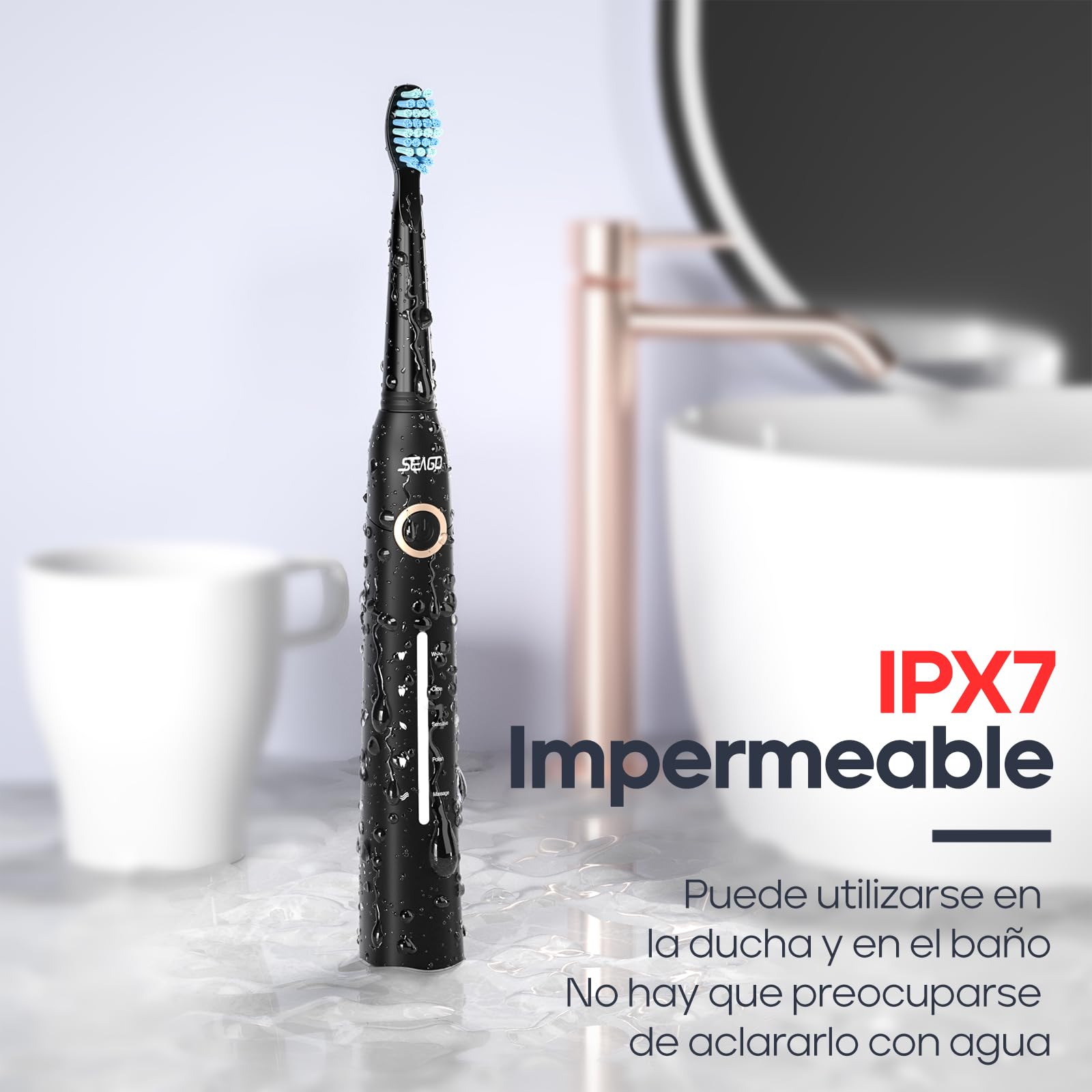 Seago cepillo de dientes eléctrico sónico, cepillo electrico con 8 cabezas, carga USB, cepillo de dientes eléctrico ultrasónicos 5 modos y temporizador, IPX7 Impermeable, para viaja (negro)
