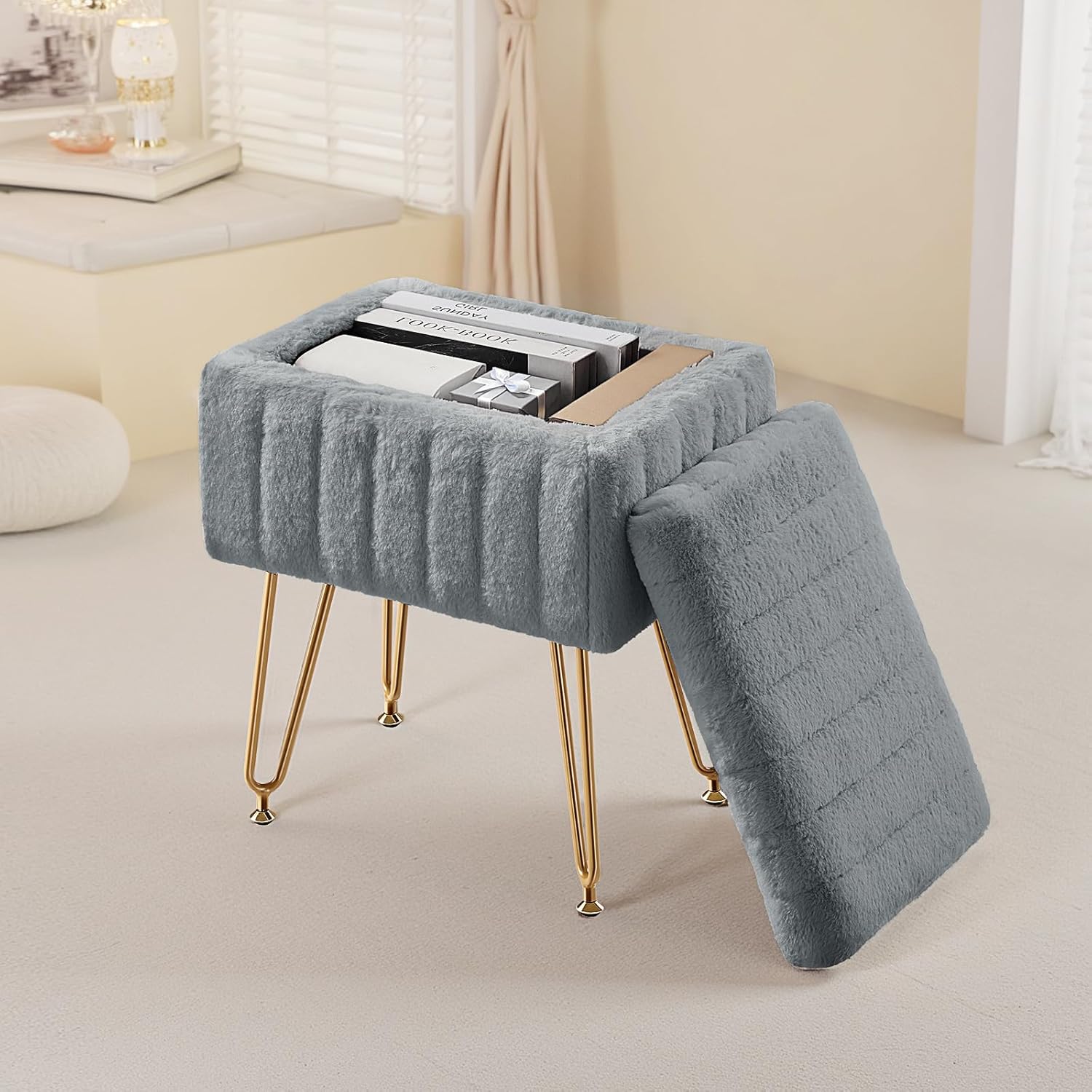 DUMOS Vanity Storage Ottoman Stool, Compact Faux Fur Footstool with Soft Seat, Modern Cute with 4 Metal Legs & Adjustable Feet for Bedroom, Living Room, Dressing Area & Dorm Grey