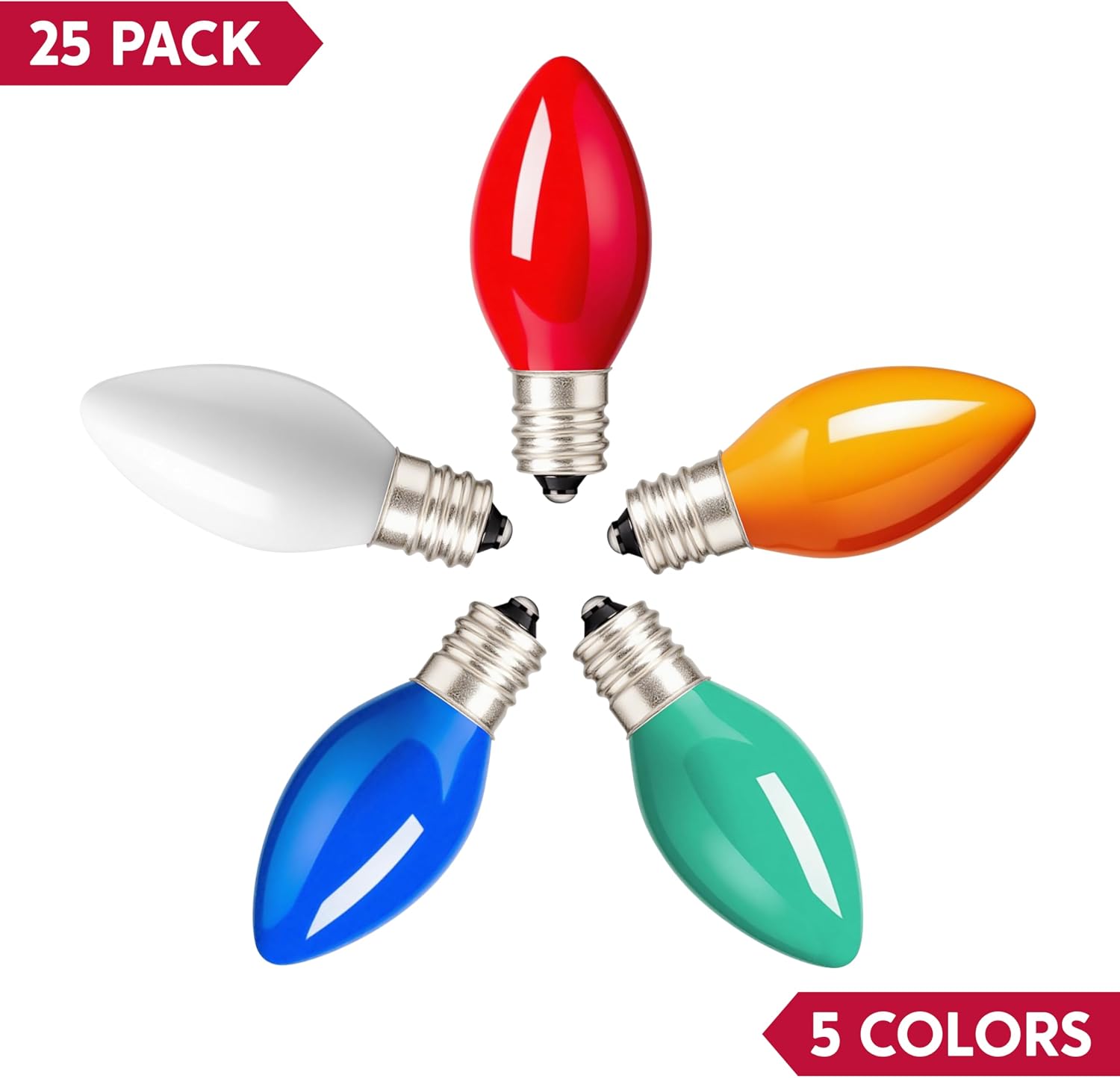 Joiedomi 25 Pack Replacement Light Bulbs, Christmas Outdoor, Indoor, Lawn, Tree, Panel Decor Candelabra Base, Longer Life 120 Volt (Multicolor, C7 / E12)