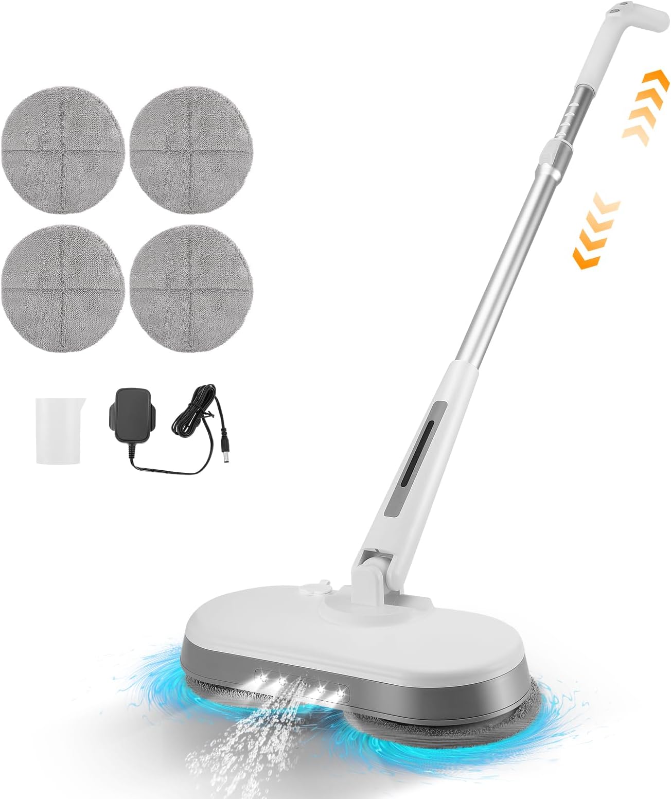 Cordless Electric Mop for Floor Cleaning, Dual-Motor Electric Spin Mop with 4 Pads, LED Headlight & Water Sprayer, Rechargeable Handheld Floor Scrubber, Adjustable Height, for Tile Hardwood Window