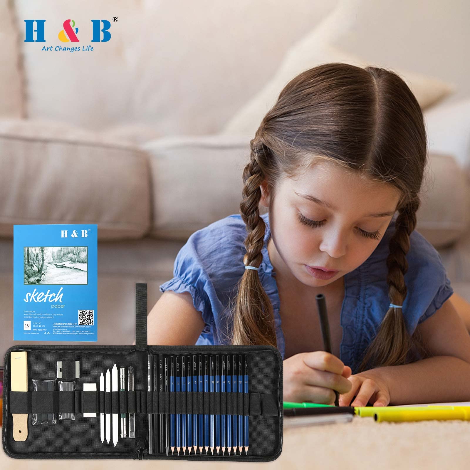 H&B Set 50 Matite Colorate Con Custodia, Temperamatite E Gomma - Matite Da Disegno Artistiche Per Adulti E Bambini, Ideale Per Libri Da Colorare