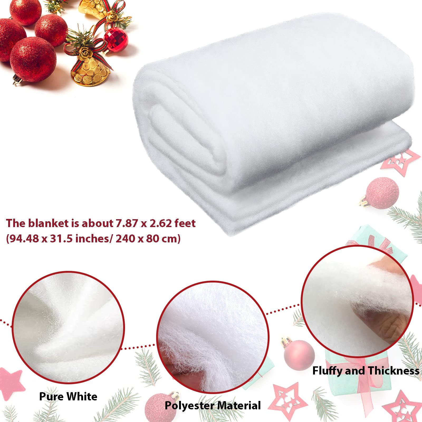 CFOFT Snow for Christmas Village, Snow Blanket for Decorating, Fake Snow Decoration, Artificial Snow Blanket Roll for Christmas Tree Decorating (31.5in x 7.9ft)
