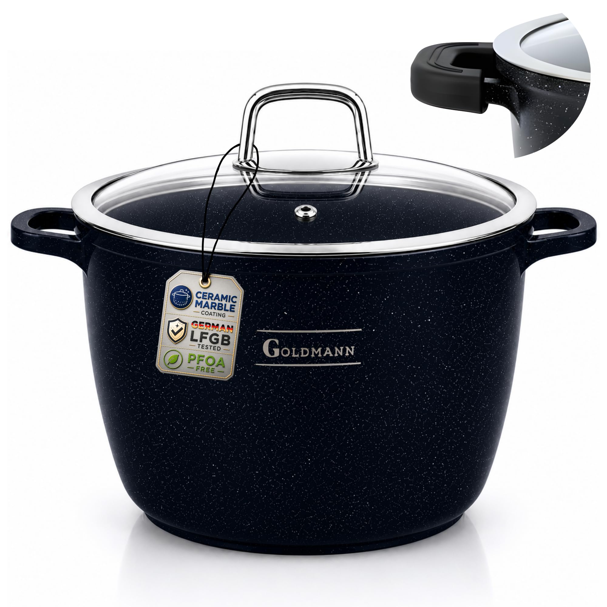 GOLDMANN pentola alluminio pressofuso da 28 cm e 10 L con rivestimento antiaderente in ceramica effetto marmo, coperchio in vetro, adatta a piani cottura a induzione e forno, senza PFOA.