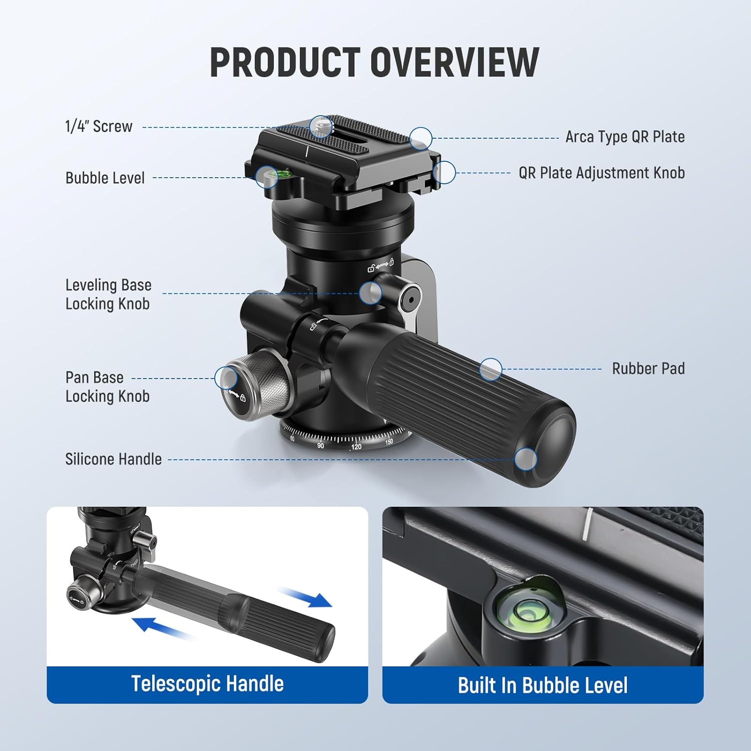 NEEWER Video Camera Tripod Pan Tilt Head with +/-15° Leveling Bowl Base, Photography Tripod Head with Retractable Handle, 1/4" Arca Type QR Plate for DSLR Camera Camcorder, Max Load 11lb/5kg, TH03