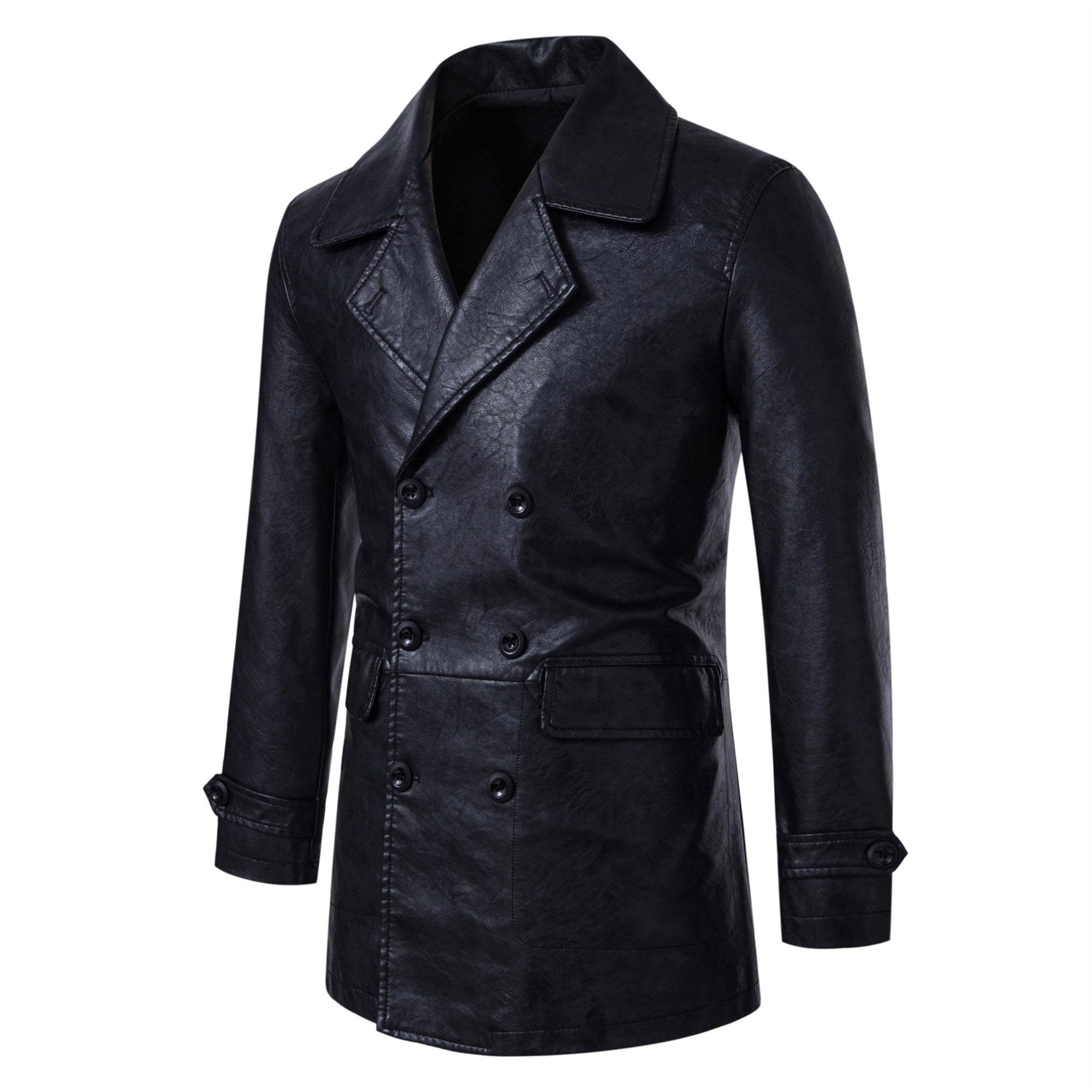 Chaqueta blazer de piel sintética para hombre, abrigo cruzado, corte entallado, estilo motero, ropa de abrigo formal, chaqueta informal elegante.