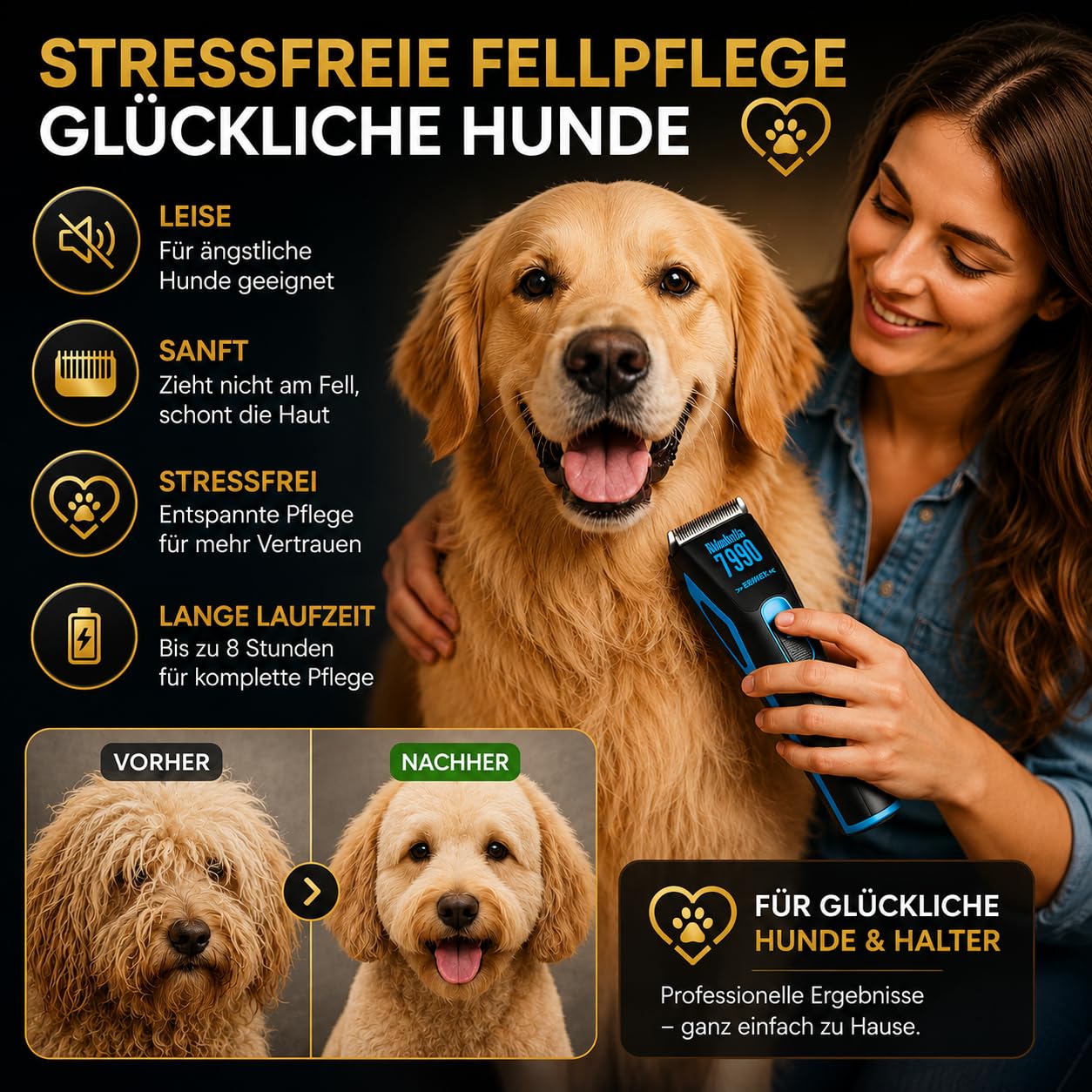 Hundeschermaschine Profi für Hunde & Katzen – FURLO Akkubella 7990 Tierhaarschneidemaschine für dichtes, lockiges & langes Fell – Leiser Hundetrimmer mit 8h Akku, Hybridbetrieb, Keramik Scherkopf