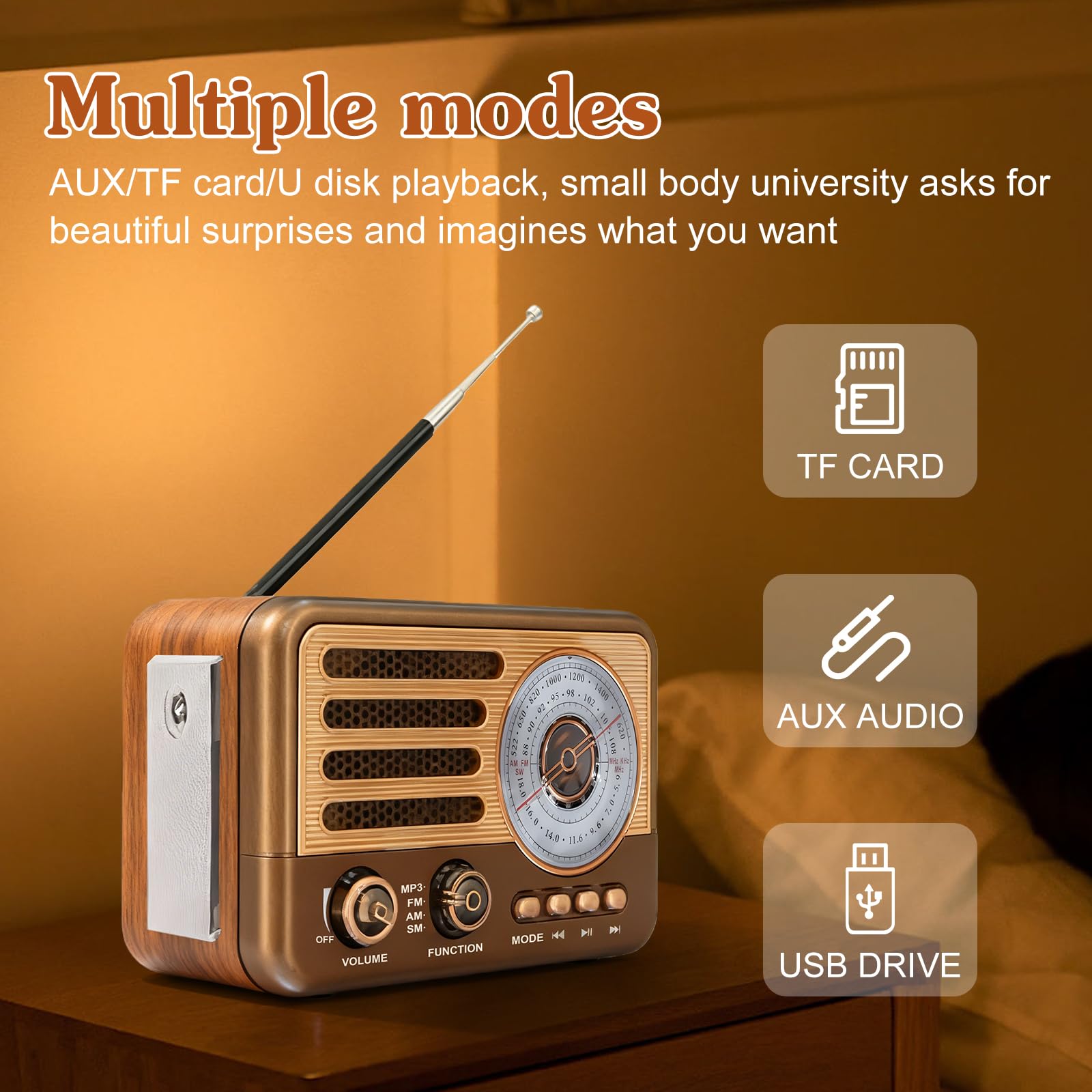 Radio rétro avec Bluetooth, transistor vintage, petite radio AM/FM/SW, prend en charge la lecture USB/TF/Aux-MP3, rechargeable, pour la maison, le bureau, l'extérieur