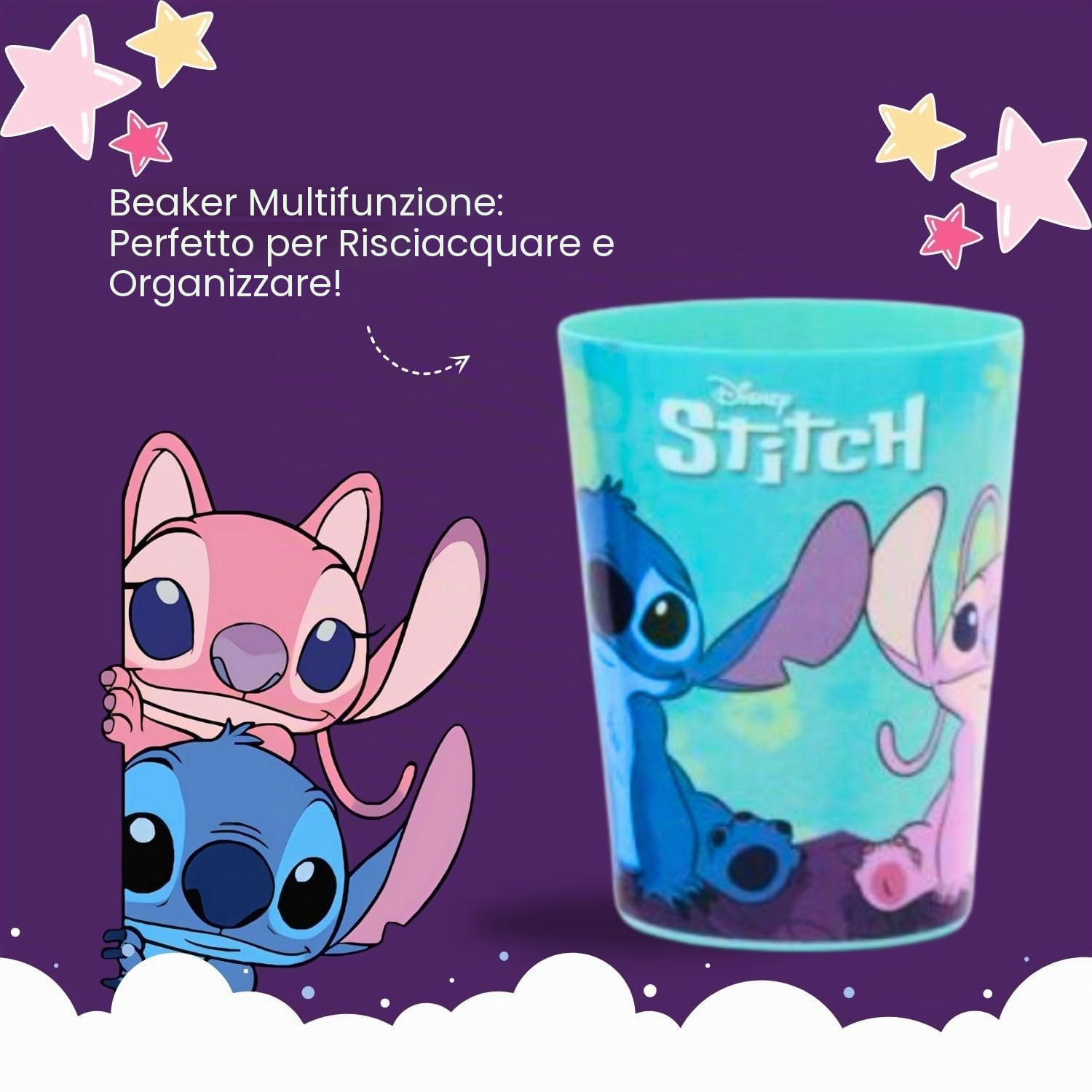 Disney Stitch - Set di spazzolini da denti per bambini, con setole morbide, ventosa e tappo protettivo, dentifricio alla menta e bicchiere multiuso, kit per l'igiene orale da viaggio per bambini dai 3