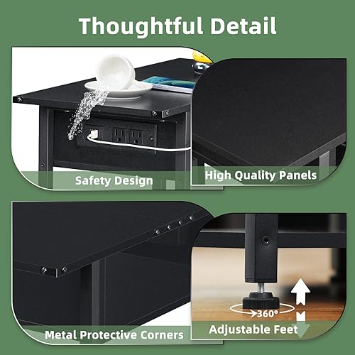 Miniatura 6 de Lerliuo Mesa auxiliar con estación de carga, mesa auxiliar estrecha con puertos USB y tomas, mesita de noche negra delgada con estante de