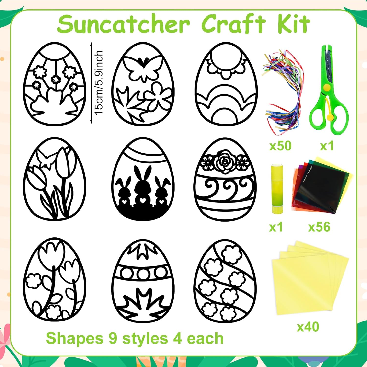 EggSun 36 Sets Easter Egg Suncatchers Craft Kit for Kids Ornaments Stained Glass Window Arts and Crafts Kit for Classroom Holiday Projects Home Party Favors Decorations Ages 4 8 12