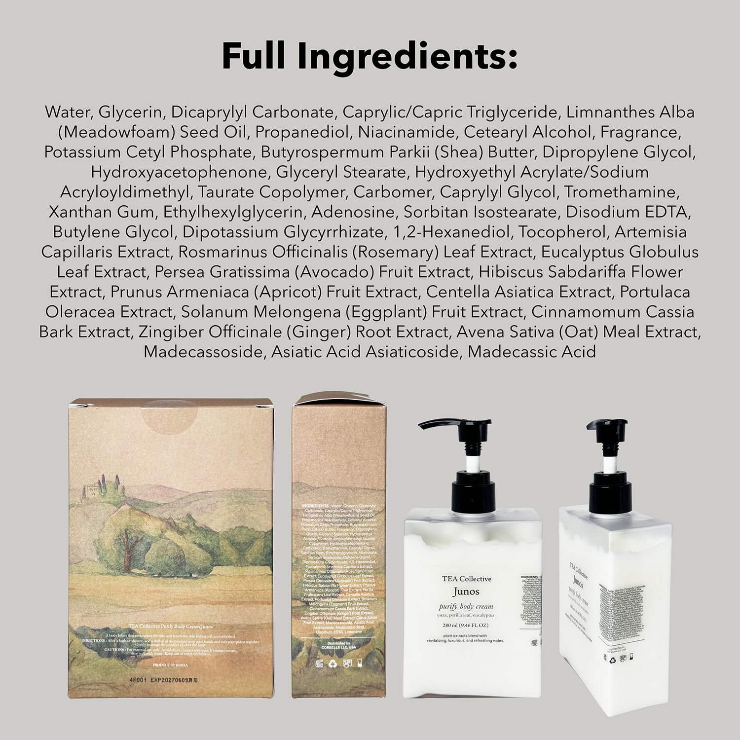 Junos Purify Body Cream | Yuzu, Perilla Leaf, Eucalyptus | 9.46 Fl Oz | Product of Korea