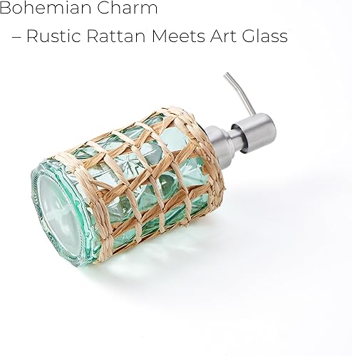 Miniatura 6 de Dispensador de jabón bohemio para baño, cristal verde con bomba de acero inoxidable y envoltura de ratán, botella decorativa recargable para cocina