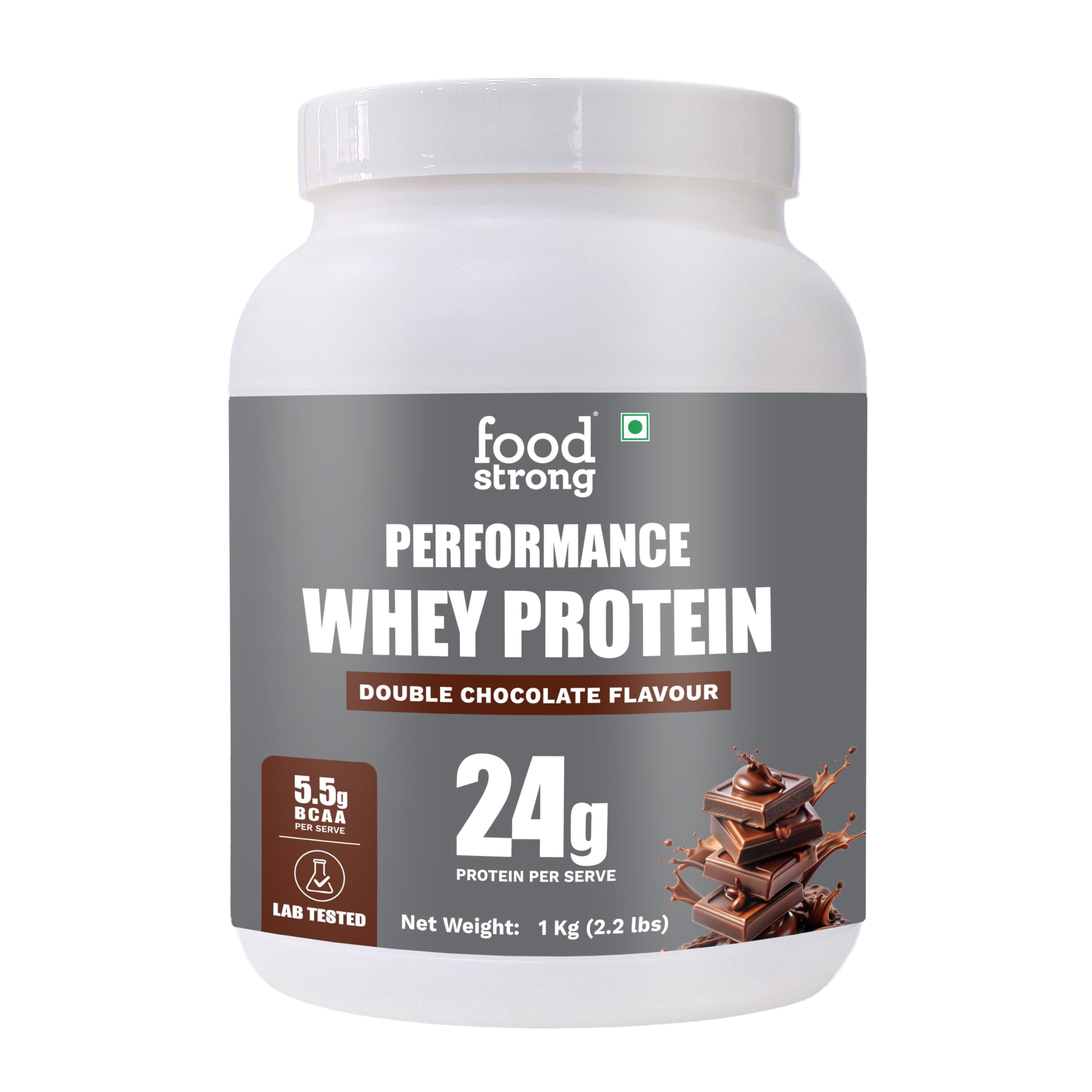 Foodstrong Performance Whey Protein Powder | 24g Protein per Serving | Double Chocolate Flavour | 5.5g BCAA | Lab Tested | 1 kg-image-44