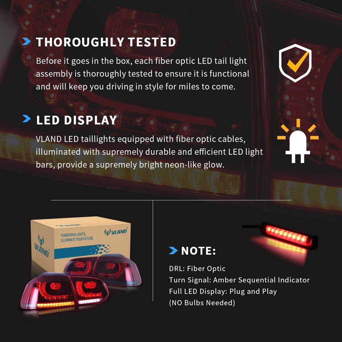 VLAND Led Tail lights Compatible with Golf 6 MK6 2010 2010 2011 2012 2013 2014, Full LED Rear Lamp Assembly w/Sequential Turn Signal, Brake, DRL, Reverse and Fog Light, Red&Smoke Lens
