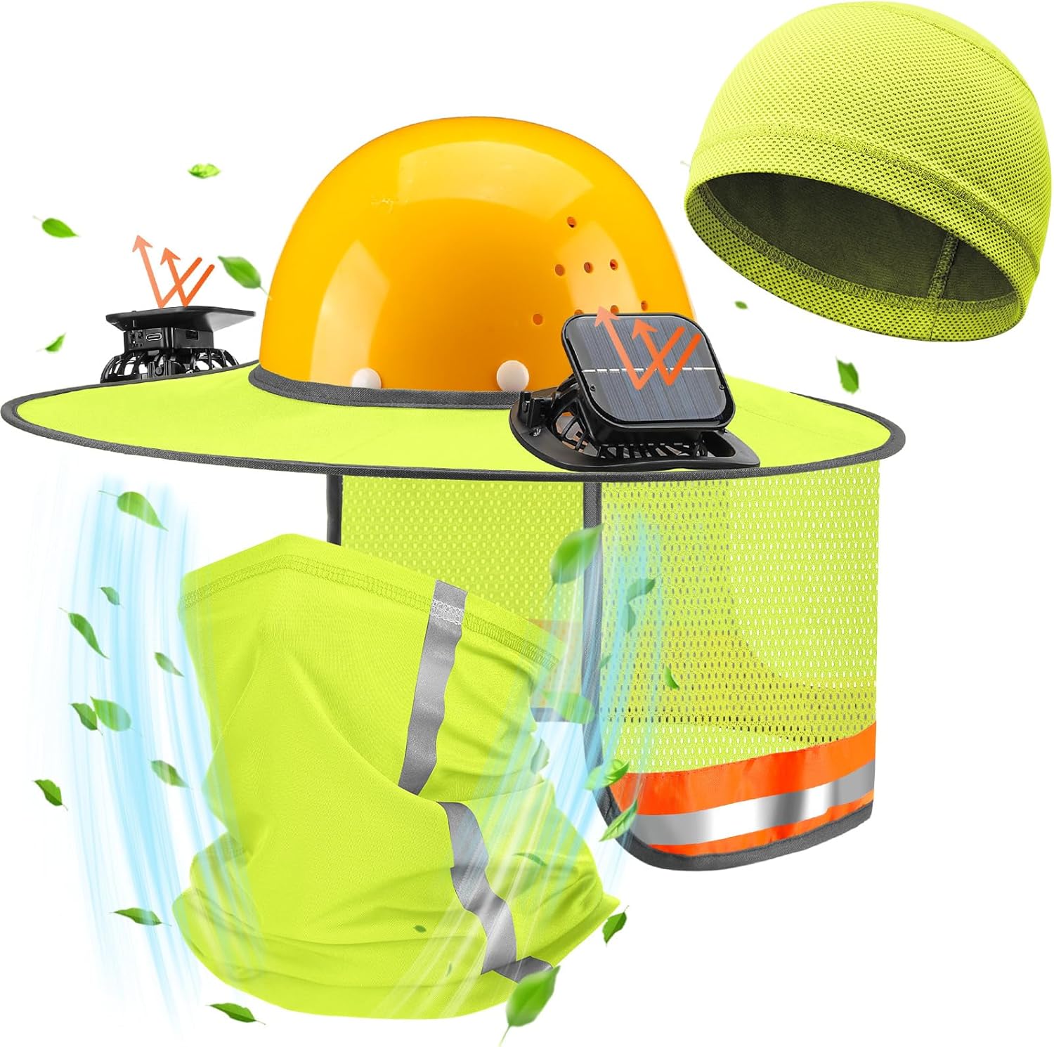 1 Sun Hard Hat Shade Full Brim with Solar Fans, Cooling Helmet Liner, Neck Sunshade Cover High Visibility Mesh with Reflective Strip Summer Protection Accessories(Fluorescent Yellow)
