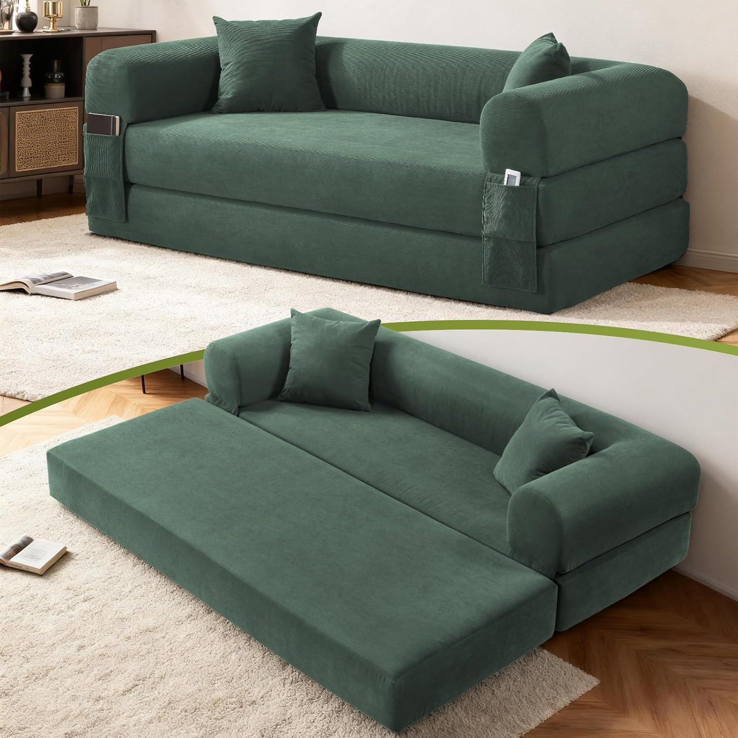 80 Inch Convertible Sofa Bed,Folding Pull Out Couch with Pillows & Storage Pocket,Corduroy Queen Sleeper Sofa in a Box,No Assembly Boneless Couch for Living Room,Light Green