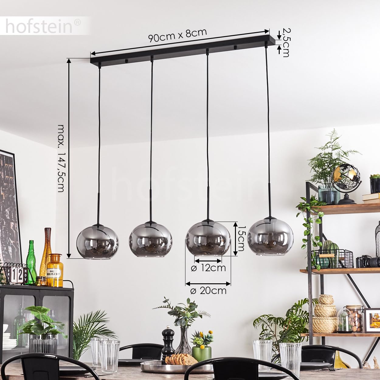 HOFSTEIN Suspension Apedo, 4 ampoules en métal/verre noir fumé, suspension moderne au design rétro/vintage, abat-jour Ø 20 cm, E27, salle à manger, cuisine, salon