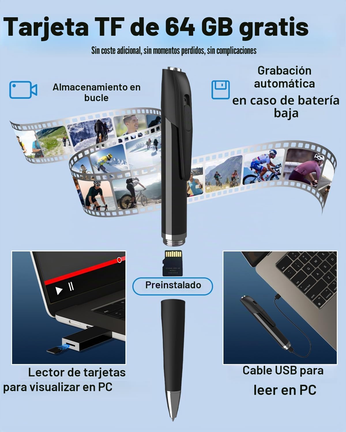 Bextgoo Mini Camara Espia, 1080P HD Camara Espia Oculta Sin WiFi con Tarjeta TF de 64GB, Grabación en Bucle y Marcado de Fecha, Vídeo y Fotos, Bolígrafo Espia para Interior y Exterior