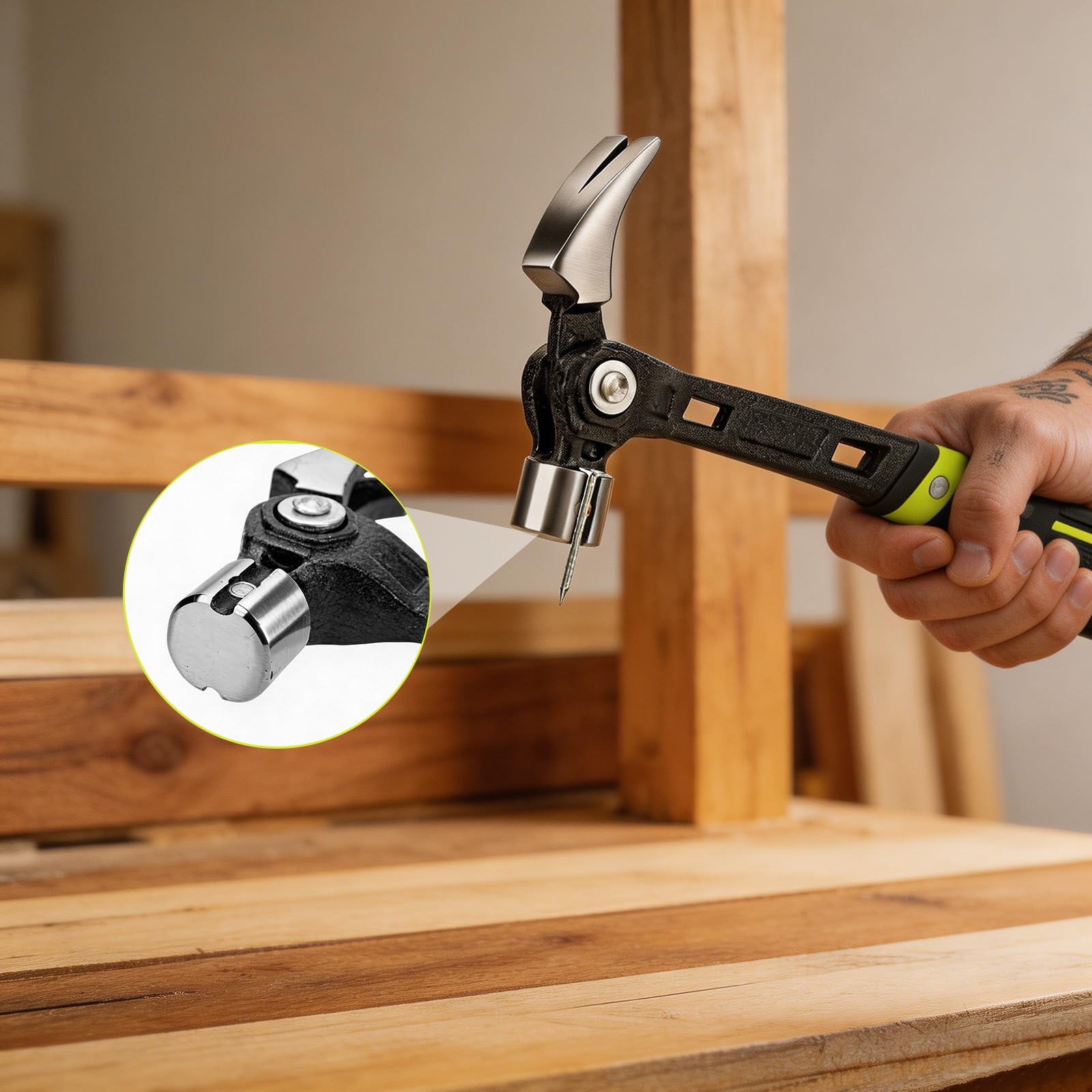 Qivine Martillo Carpintero con Soporte Magnético para Clavos, Martillo de Techador de Acero, Martillo Encofrador con Mango Antivibraciones, para Bricolaje, Reparaciones en el Hogar, Carpintería