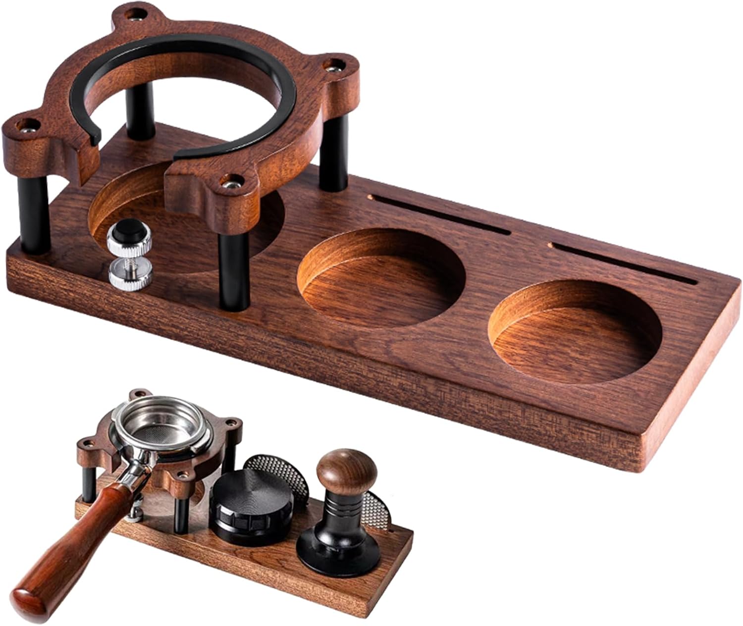 Espresso Tamping Station - Adjustable Portafilter Holder & Tamper Stand, Premium Wooden Coffee Organizer with Silicone Protection, Professional Barista Accessories for Home Cafe