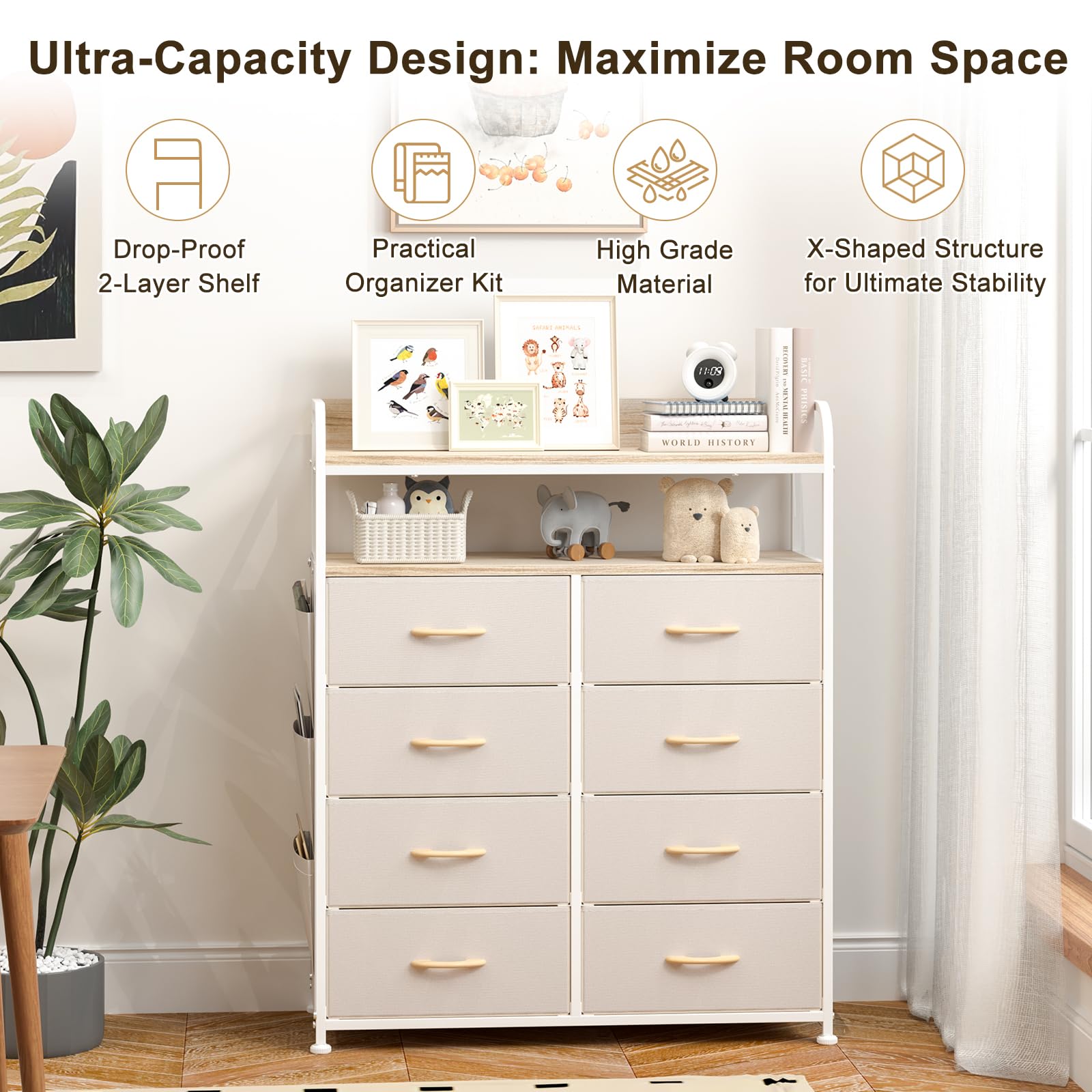 Cassettiera in Tessuto, Cassettiera per Camera da Letto, 8 Cassetti in Tessuto, 4 Tasche Laterali, Credenza con Doppio Ripiano in Legno per Soggiorno, Ingresso, Camera da Letto, Beige