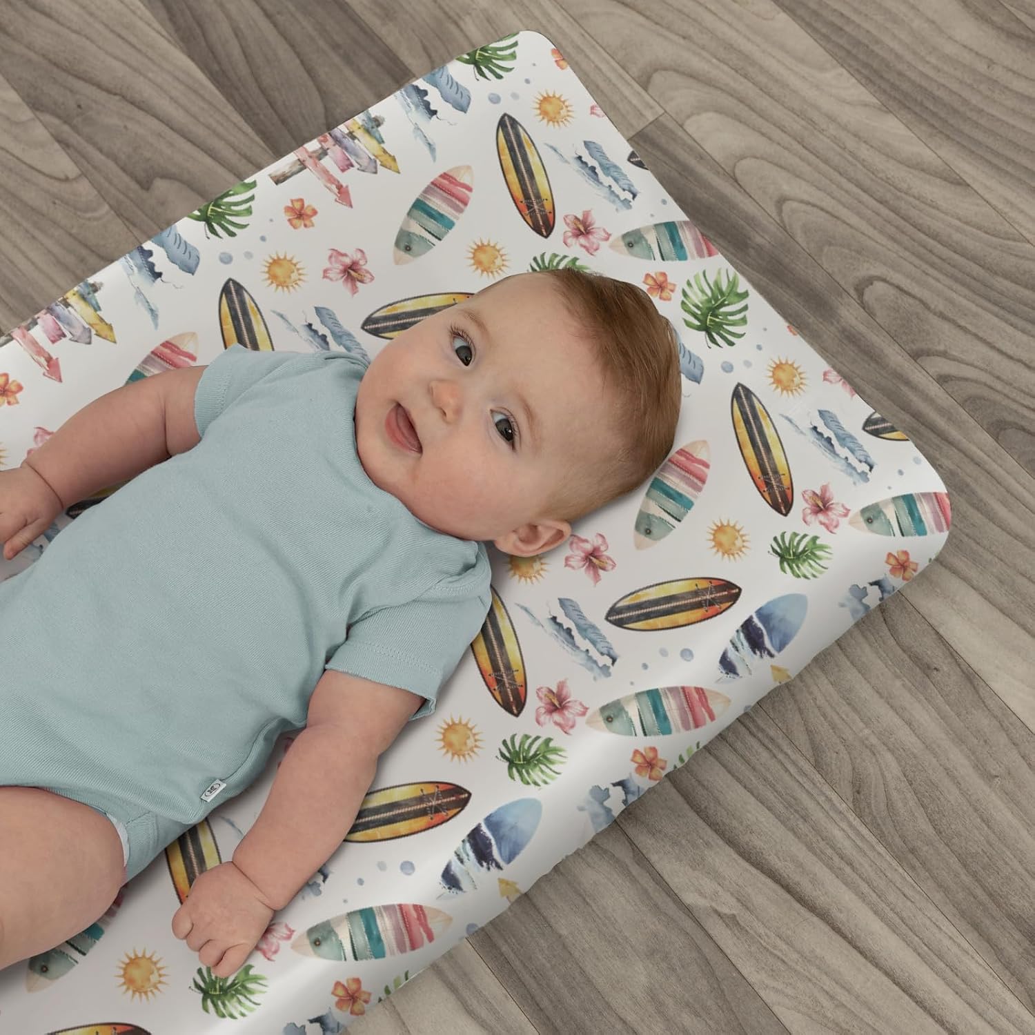Pastel Summer Surfing Beach Baby Changing Pad Covers for Boy Girl Boho Surfboard Palm Leaves Floral Sun Waves Fitted Changing Table Mats Hawaiian Tropical Soft Diaper Changing Table Sheets 32''×16''