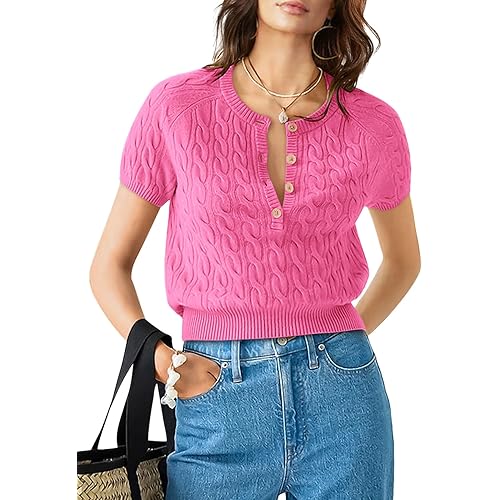 Yousify Short Sleeve Sweaters for Women Trendy 2024 Summer Spring Tops Crewneck Button Up Blouses S-2XL