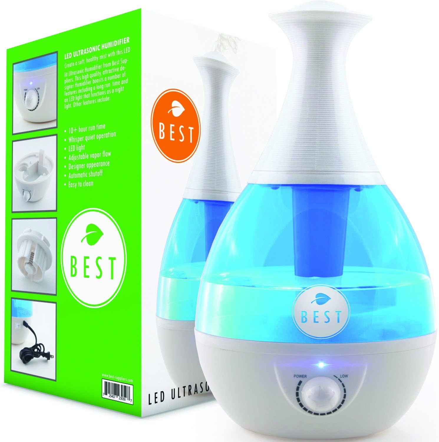 Best Cool Mist Humidifier UltraSonic Steam Vaporizer - Whisper Quiet Technology, Moistair Electric with Warm LED Light