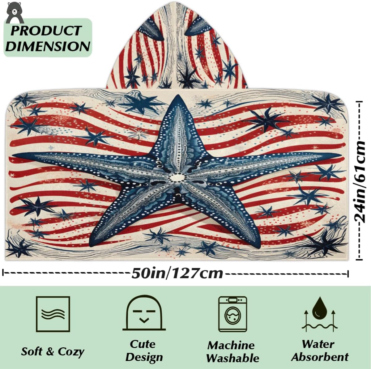 Kids Bath Towel Stripe Marine Starfish Beach Towel with Hood Pool Cover Up for Girls Boys Soft Absorbent Hooded Bath Towel Toddler Towels for Beach, Pool