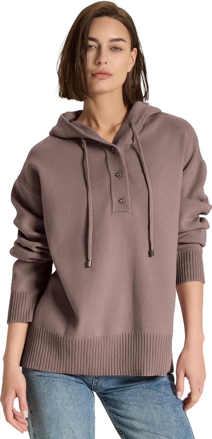 Womens Sweaters Soft Knit Pullover Henley Neck Long Sleeve Drawstring Button Front Casual Trendy Hoodies - Image 6