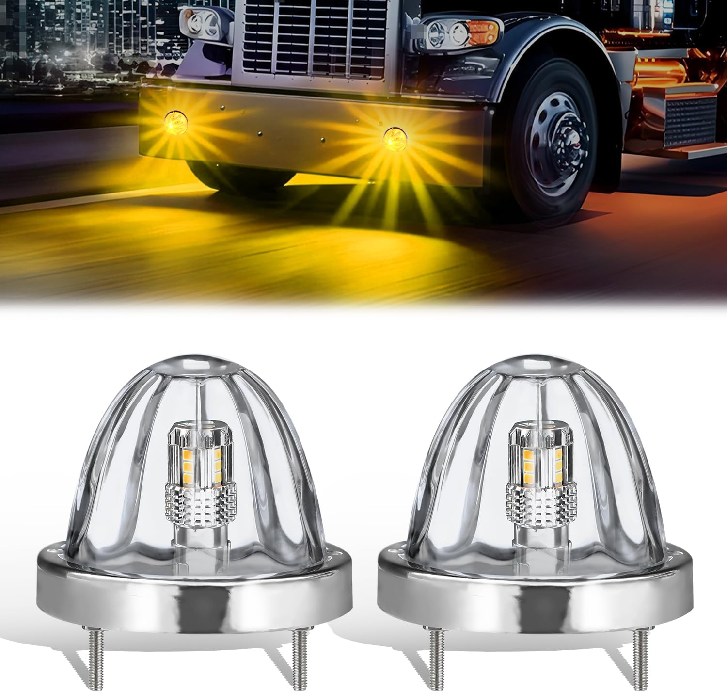 Glass Watermelon Lights Clear Lens White LED Side Marker Turn Signal Lights, [Ultra-Bright] 2 Lighting Modes Replacement for Kenworth Peterbilt Freightliner Trucks, 2 PCS
