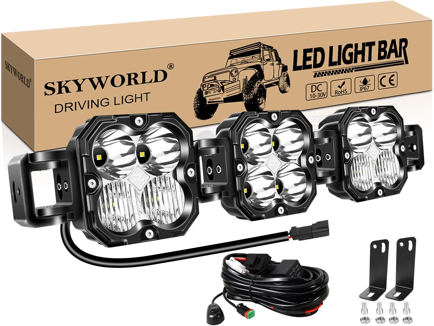 SKYWORLD Linkable Led Light Bar with 12V DT Harness Kit, 21 inch 90W 7500 LM Combo Beam Work Off road Driving Fog Light for 4x4 Car Truck UTE ATV Boat Tractor, 6000K White Waterproof Headlight