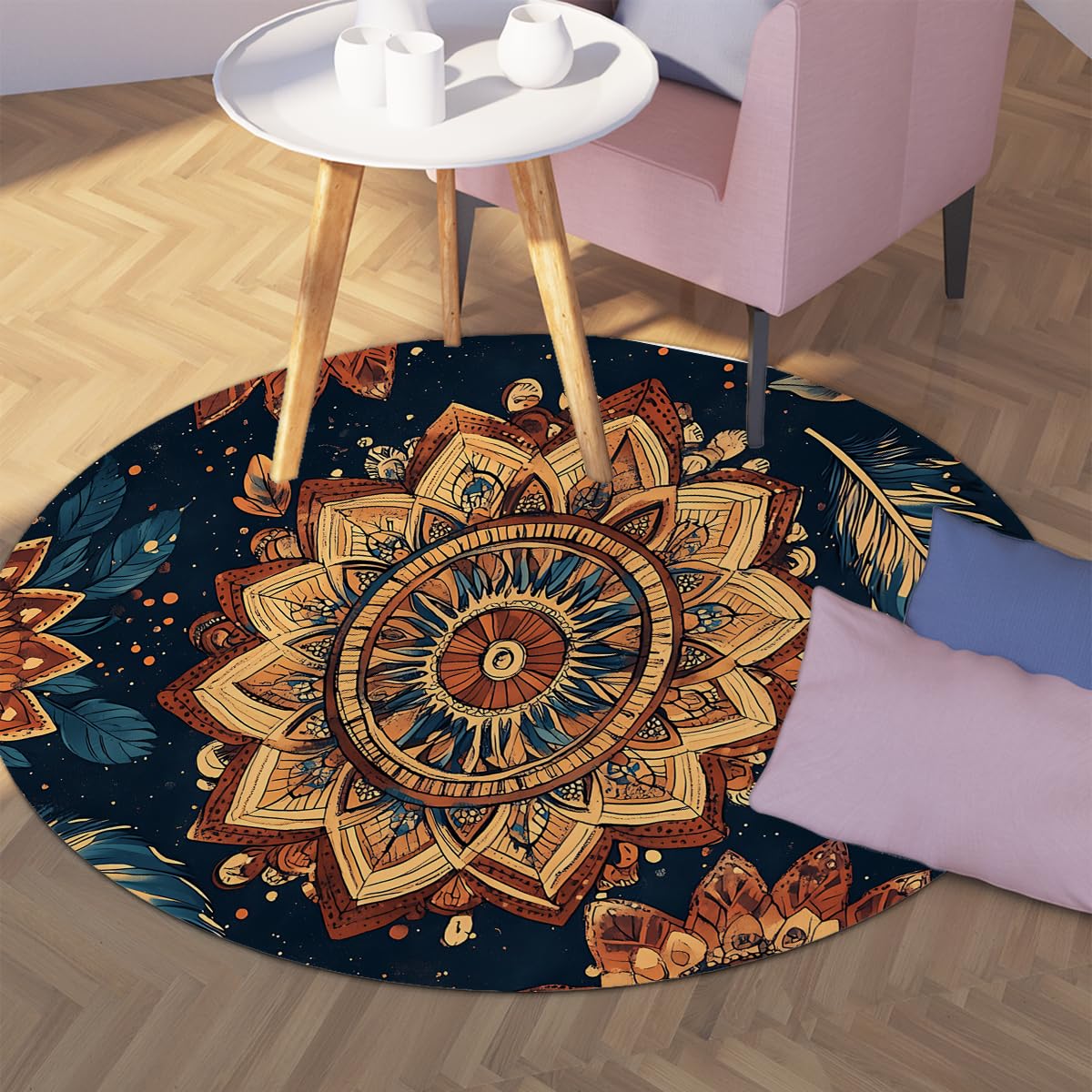 Boho medytacja paw pióropusz okrągły dywanik 130 cm psychodeliczny warstwowy kwiatowy dywanik można prać w pralce dywan z niskim runem antypoślizgowy składany do salonu sypialni biura granatowy