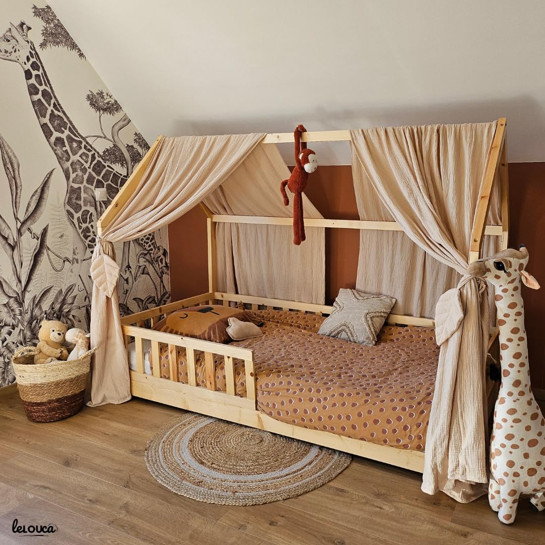 Ciel de lit cabane,100x350 cm, Coton Biologique Beige, décoration pour Chambre bébé ou Enfant. Inclus : 2 Toiles lit cabane; 2 Feuilles de décoration et Les Attaches Pratiques.