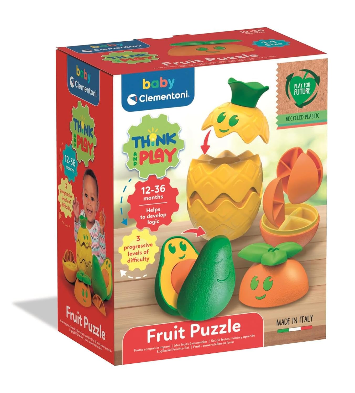 Clementoni Baby Fruit Puzzle, Modular Game with Fruit for Children 12-36 Months, Early Childhood Games Made in Italy, Play for Future Line, Stimulates Manuality and Logic, 17512