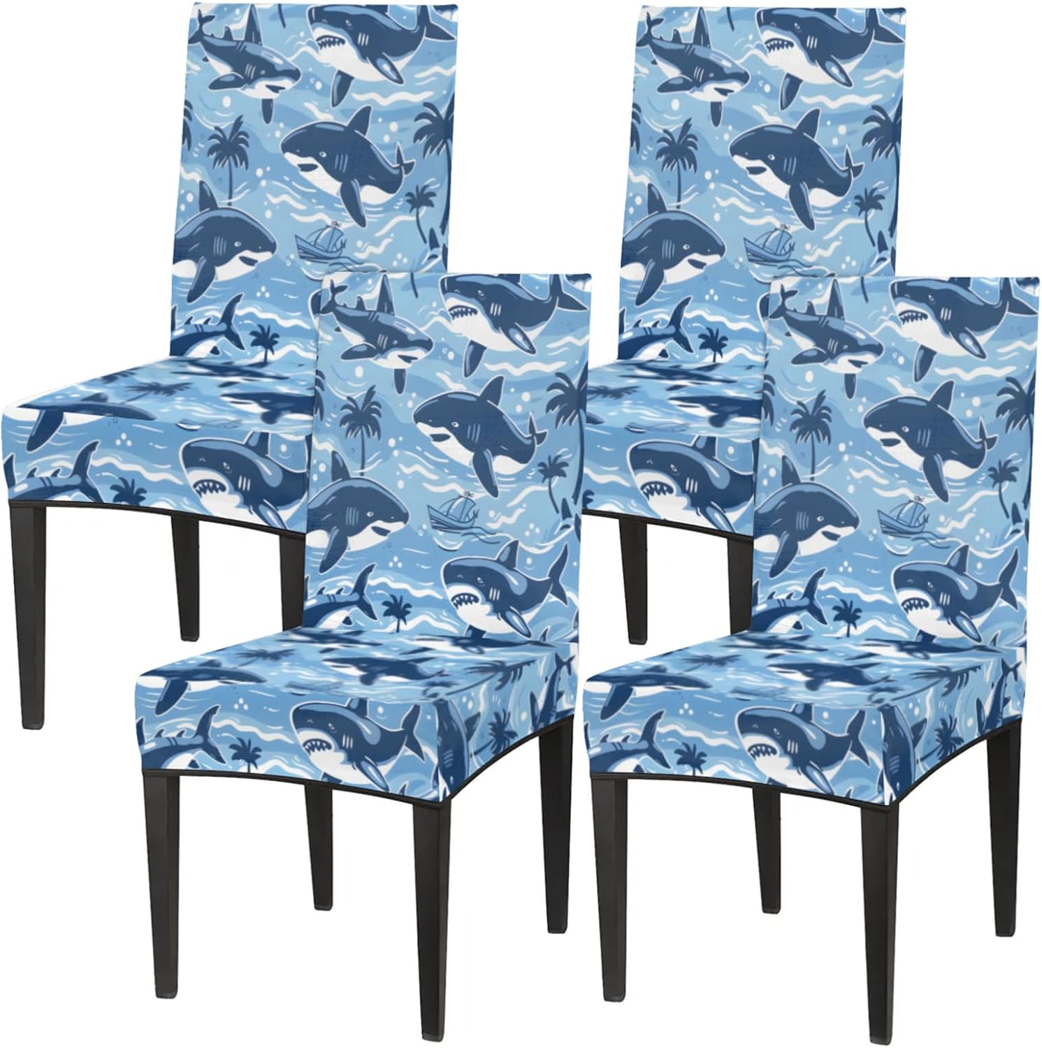 QsirBC Ocean Shark Coconut Tree Stretch Dining Room Chair Covers Set of 6 Chair Slipcovers Removable Washable Kitchen Seat Covers Chair Protectors for Hotel Party Wedding