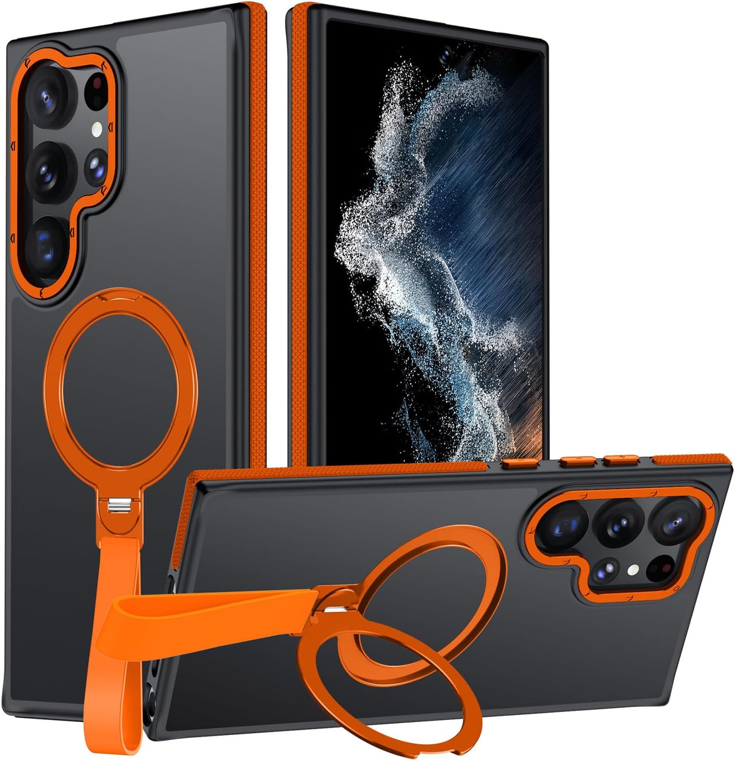 360°Spin Magnetic Stand with Silicone Strap for Samsung Galaxy S22 Ultra Case[Fit for MagSafe], Mil-Grade Shockproof Translucent S22 Ultra Phone Case with Kickstand Rotatable (Orange)