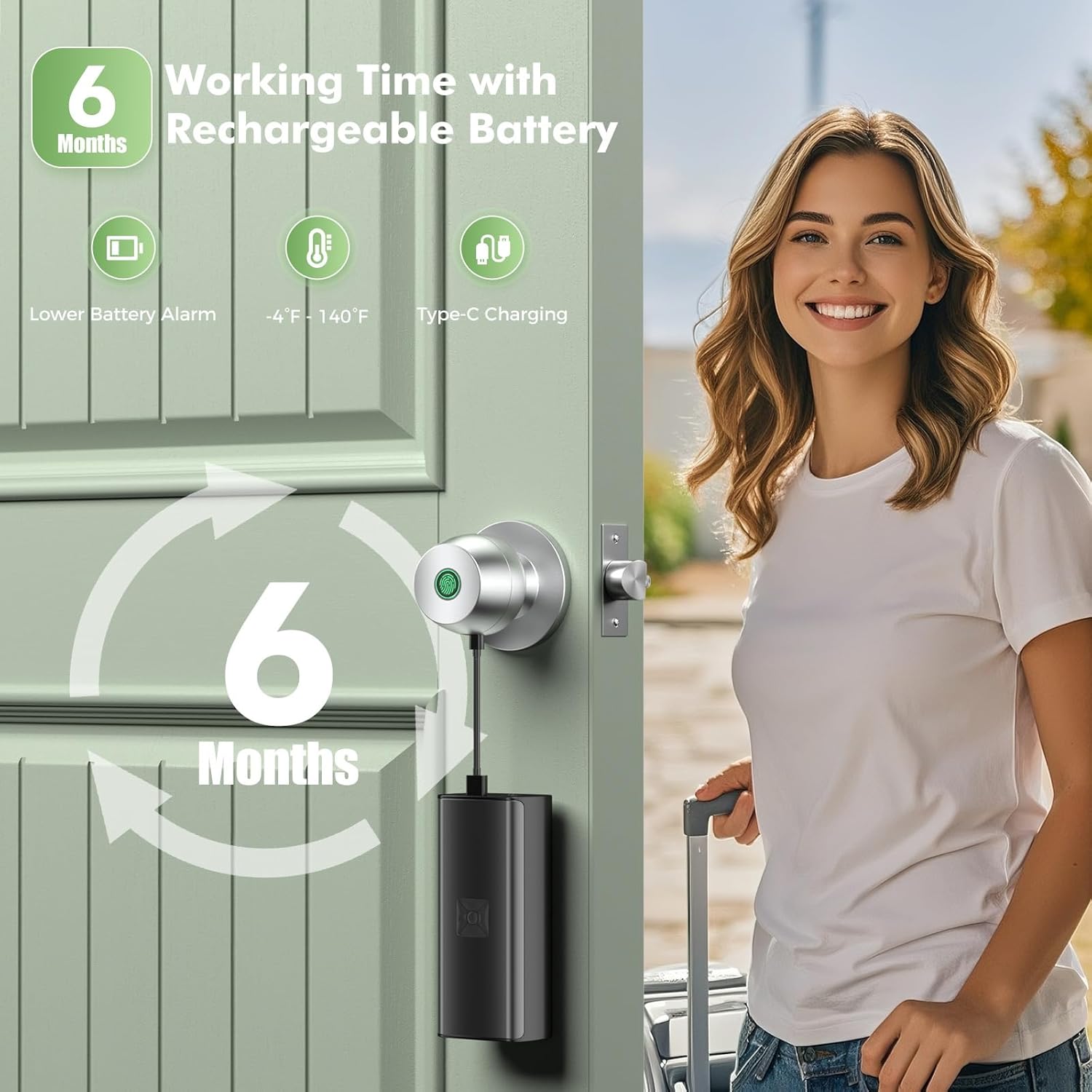 Fingerprint door knob, smart door knob, intelligent biometric fingerprint door lock, keyless entry, controllable via app, suitable for bedrooms, storage rooms, apartments, offices, hotels (silver)