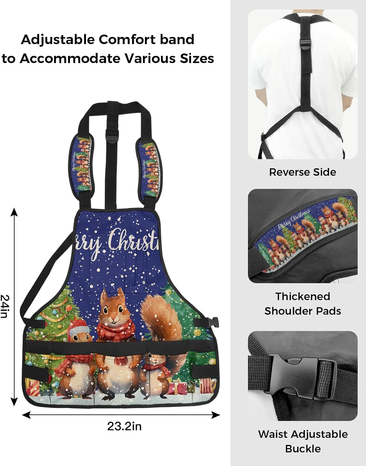 Work Apron for Men Adjustable Woodworking Apron with 16 Pockets Cross Back Oxford Apron Christmas Squirrel Blue Tool Apron