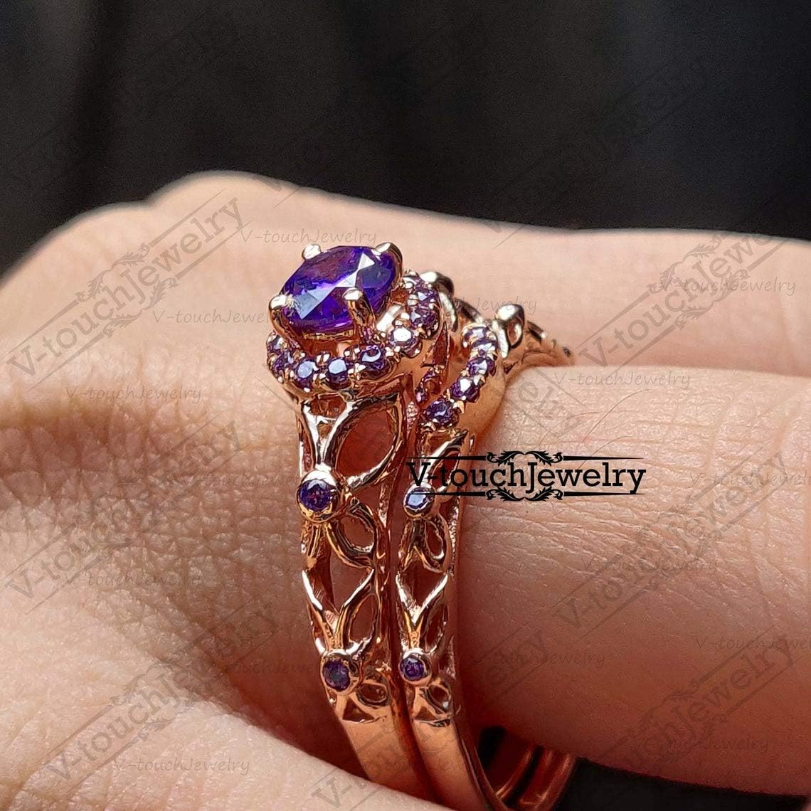 V Touch 14K Rose Gold Plated 925 Sterling Silver Round Cut Purple Amethyst Engagement Wedding Tinkerbell Ring Set for Women's