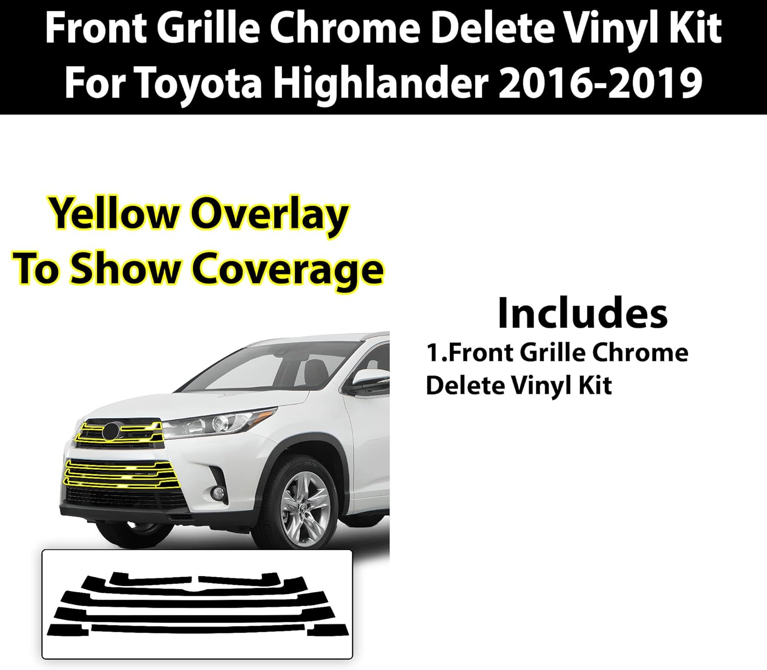 BOGAR TECH DESIGNS for Toyota Highlander 2016-2019 Front Chrome Delete – Precut Vinyl Overlay Kit, Gloss Black Blackout Trim
