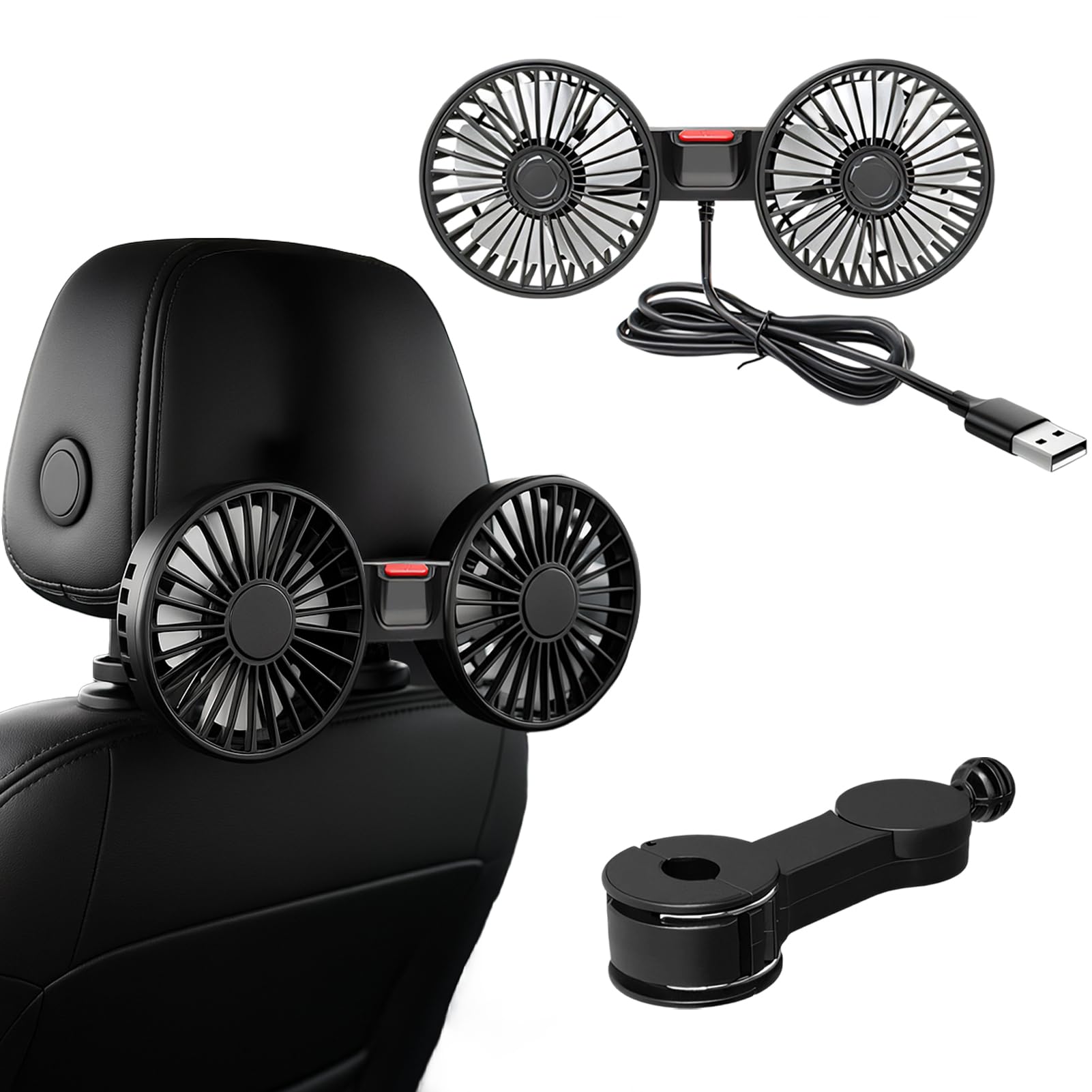 Ventilateur de siège arrière de voiture rotatif à 360 °, ventilateur de voiture USB, 3 vitesses réglables, puissant et silencieux, mini ventilateur pour la maison, le bureau, 12 V, camion, caravane