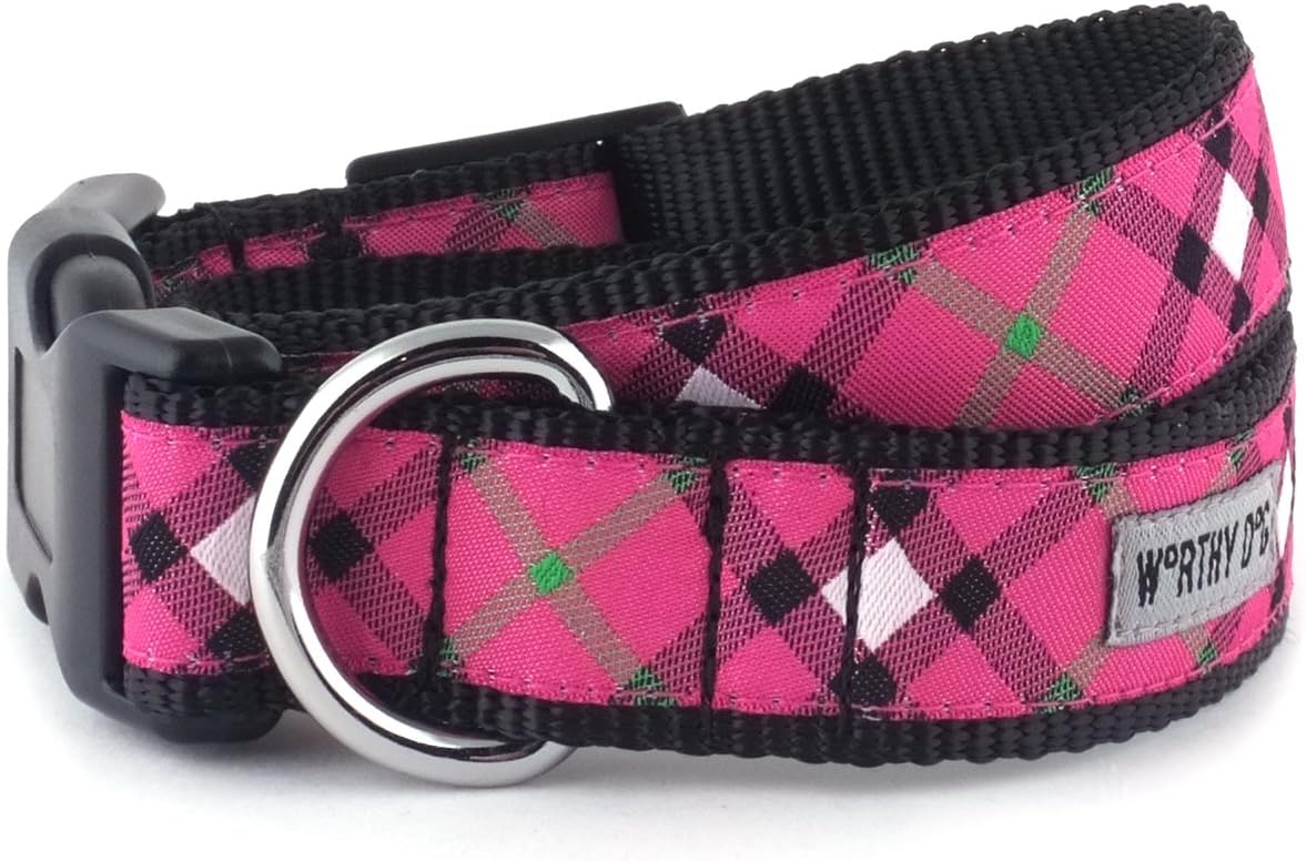 The Worthy Dog Bias Plaid Pattern Designer Adjustable and Comfortable Nylon Webbing, Side Release Buckle Collar for Dogs - Medium, Pink/Black