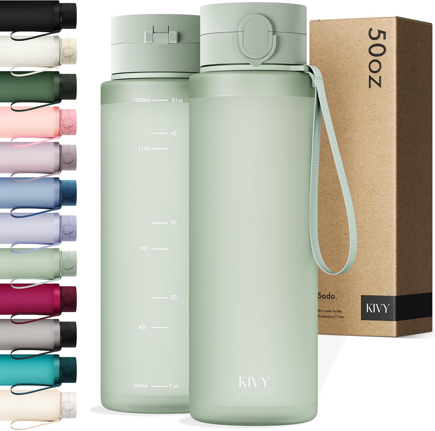 KIVY Tritan Water Bottle 50oz [WITH FLIP LID] - Reusable & Slim Waterbottle for Travel, Gym & School - For Women & Men - Dishwasher Safe - Skinny Leak Proof & Lightweight Bottle - BPA Free