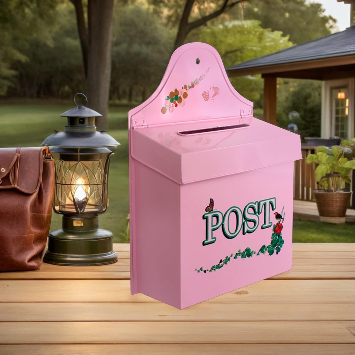 Uonlytech Vintage Wall Mount Mailbox, Retro Iron Decorative Mail Box Wall Mounted for Outdoor Use, Locking Farmhouse Style Post Box with Pink Finish for Home and Garden