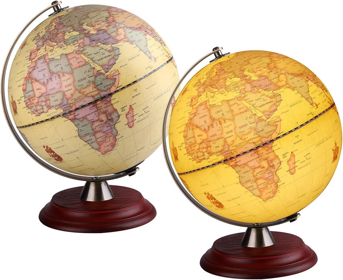 Illuminated Antique World Globe with Wooden Stand and LED Light, 8 Inches