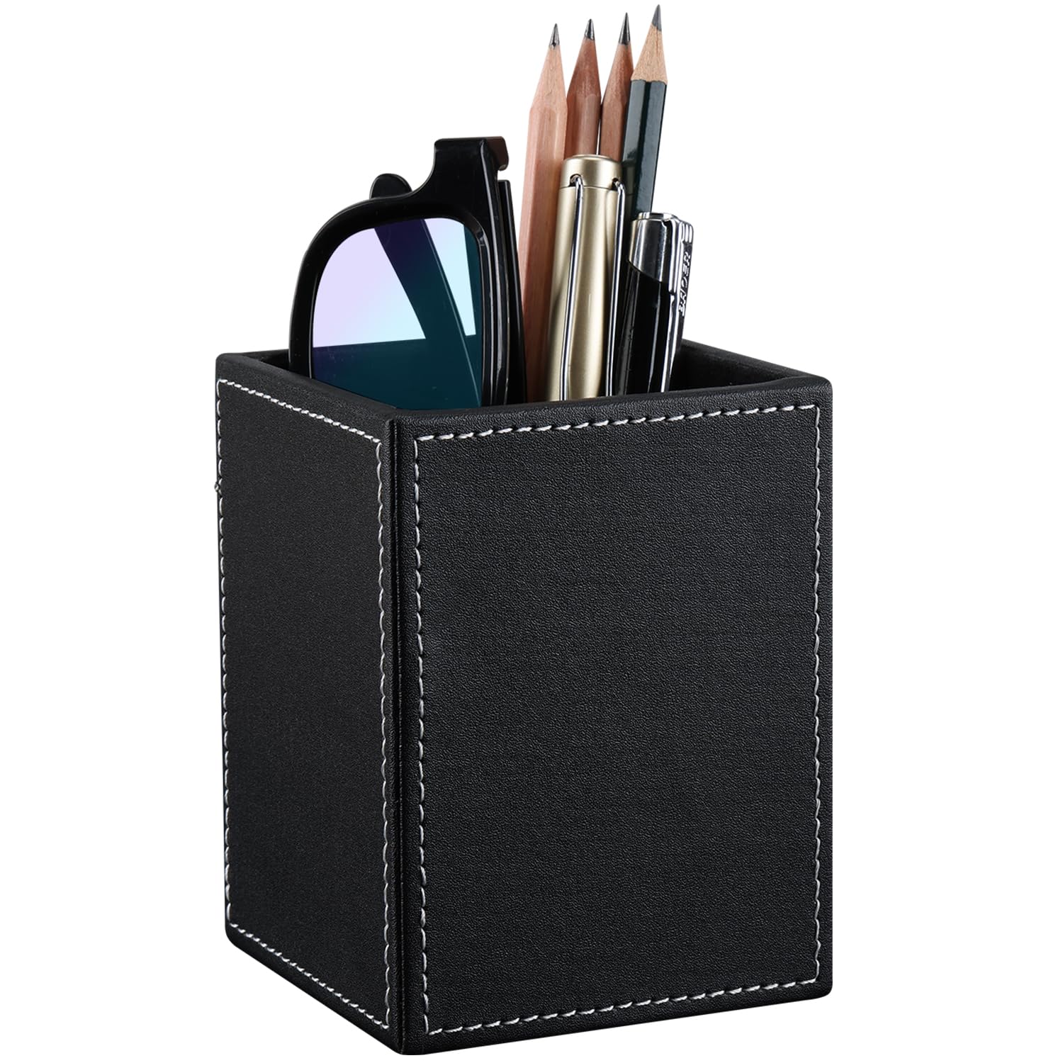 KINGFOM PU Leather Square Pens Pencils Holder Cup Desktop Stationery Organizer Case Office Accessories Container Box (black)