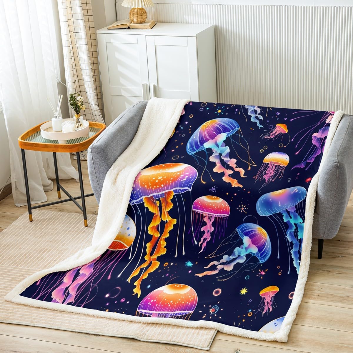 Erosebridal Kids Rainbow Jellyfish Blanket Ocean Fish Print Throw Blanket for Bed, Glitter Stars Fleece Blanket Colorful Bubble Sherpa Blanket, Sea Theme Fuzzy Blanket Boys Girls Room Decoration